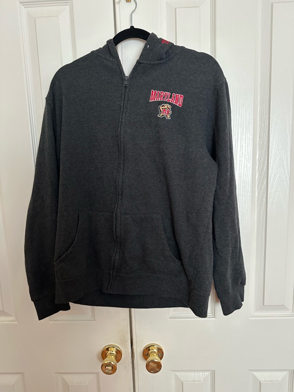 Terp Women’s Hoodie - Gray with Red Lining. Two Open Front Pockets. Zip-Up.